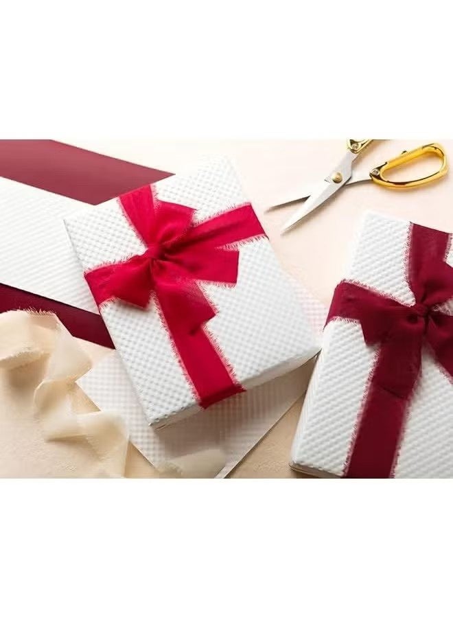 YJ 3 Rolls Handmade Red Chiffon Silk Ribbon Handmade Frayed Edge Burgundy & White Ribbons for Gift Wrapping Bridal Bouquets Baby Shower Wedding Invitations - Image 3